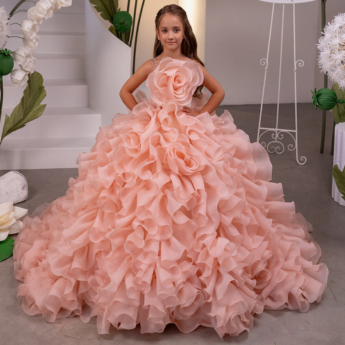 QueenLine Luxury Customized Thin Flower Ruffles Beading Straps Flower Girl Dress Gown