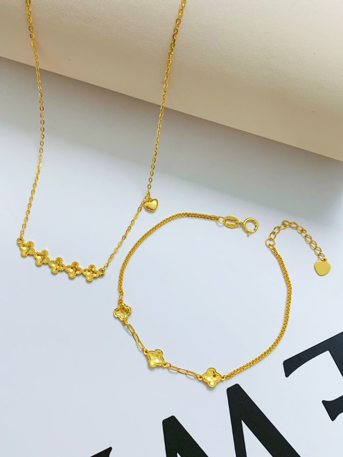QueenLine Solid G18K Yellow Gold Bracelet and Necklace Jewelries Sets