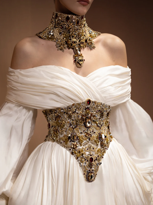 QueenLine Luxury Elegant Silk Off the Shoulder Beads Custom Made Floor Length Evening Dress