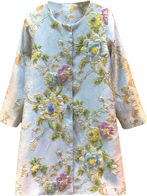 QueenLine Luxury Vintage Embroidery O-neck Floral Beading Long Covered Button Coat