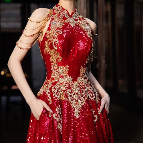 QueenLine Elegant Luxury Chinese Style High-end Cheongsam Collar Gown With Sequins