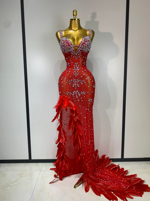 QueenLine Elegant Celebrity Luxury Feather Red Sparkle Rhinestones Sexy High Slit Evening Dress
