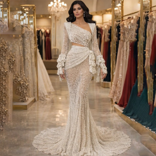 QueenLine Luxury Tassel Gorgeous Mermaid Pearls Pleat Chapel Long Sleeve Train Evening Dress
