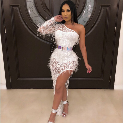 QueenLine  Elegant Sexy Evening Party Dress Feathers Sequin Sheer Mesh One Shoulder Long Sleeve Maxi Dresses Winter D57-BG10