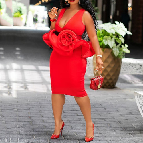 QueenLine V Neck Red Sexy Evening Party Dress Women Night Club Sleeveless 3D Ruffle Designer Bodycon Plus Size 3XL Bandage Midi Dresses