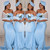 QueenLine Light Sky Blue Bridesmaid Dresses Mermaid Strapless Wrap Sweep Train Garden Beach Country Wedding Guest Party Gowns
