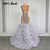QueenLine Luxury Crystal Rhinestones Puffy Tiered Ruffle Silver Long See Through Mermaid Prom Gowns