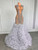 QueenLine Luxury Crystal Rhinestones Puffy Tiered Ruffle Silver Long See Through Mermaid Prom Gowns