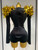 QueenLine Sparkly Gold Rhinestone Black Velvet Long Sleeve Bodysuit Evening Gala Stage Costumes