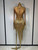 QueenLine Luxury Celebrity Stage Costume Sparkly Rhinestone Golden Tassel Mesh Evening Dress