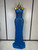 QueenLine Celebrity Luxury Sexy Halter Rhinestones Mesh Transparent Blue Maxi Long Evening Prom Gowns
