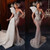 QueenLine Sexy Customized Crystal Beaded Sheer Mermaid Sleeveless Detachable Train Evening Gown