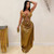 QueenLine Celebrity Sexy Gold Metallic Halter V-neck Backless Ruched Hollow Out Wedding Guest Evening Dress