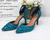 QueenLine Teal Blue Luxury crystal ankle strap Pointed toe High Buckle Bridal shoes