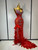QueenLine Elegant Celebrity Luxury Feather Red Sparkle Rhinestones Sexy High Slit Evening Dress