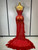 QueenLine Elegant Celebrity Luxury Feather Red Sparkle Rhinestones Sexy High Slit Evening Dress