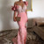 QueenLine Elegant Floral African Evening Gowns Long Sleeves One Shoulder Pink Mermaid Arabic Prom Dresses Dubai Side Slit Robe De Soiree