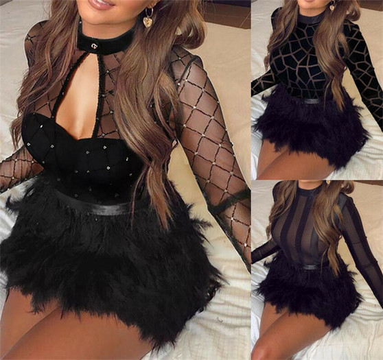 QueenLine Sexy Women Mesh See Through Long Sleeve Dress Clubwear Fur Patchwork Trutleneck Bandage Bodycon Evening Party Short Mini Dresses