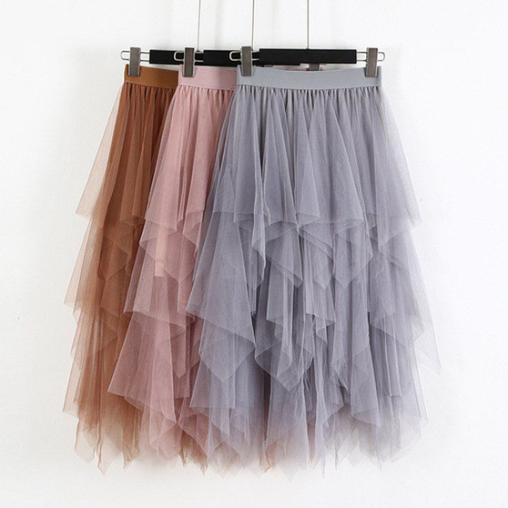 QueenLine Spring Party Skirt Elastic High Waist Long Tulle Skirt Women Irregular Hem Mesh Tutu Skirt Ladies