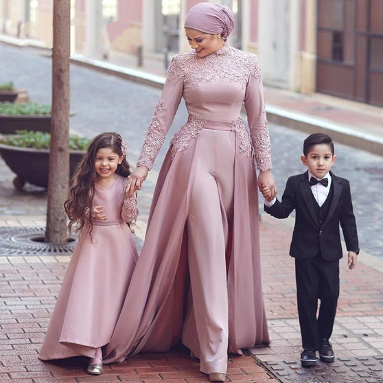 QueenLine  Dark Pink Muslim Evening Dresses Long Sleeves Jumpsuit Detachable Scarf Islamic Dubai Saudi Arabic Evening Gown Prom Dress