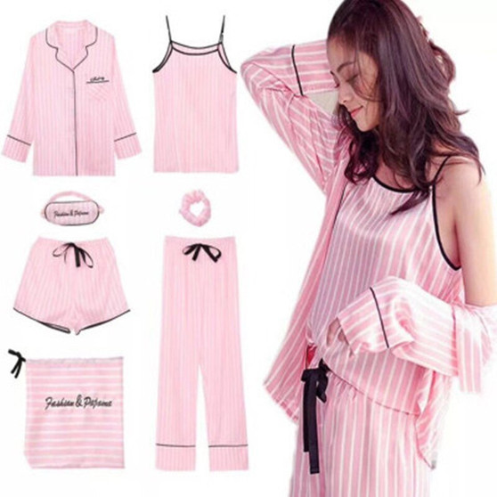 QueenLine  Pink Striped Pajamas Silk Satin Femme Pajama Set 7 Pieces Stitch lingerie Robe pyjamas Women Sleepwear pjs satin pajamas