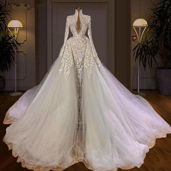 QueenLine Luxury High Neck Mermaid Wedding Dresses With Overskirt Train Long Sleeves Full Lace Heavy Pearls Plus Size Bridal Gowns