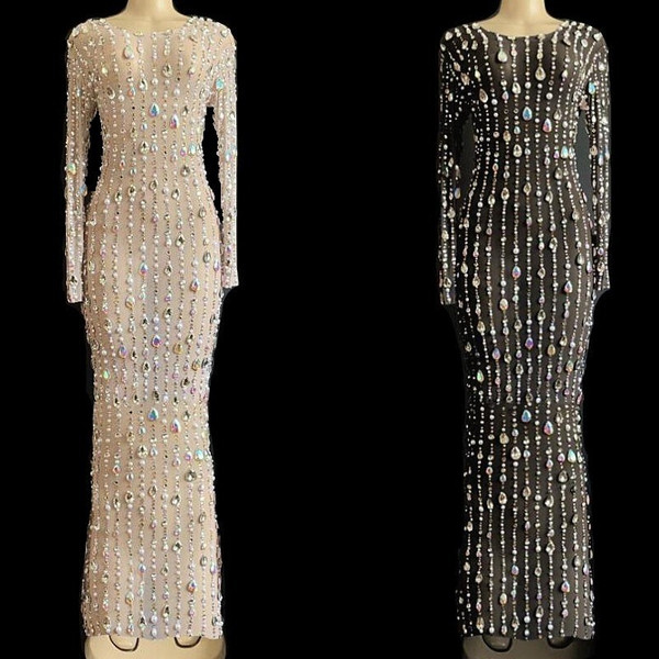 QueenLine Rhinestone Sexy Clothes Fashion Colorful Crystals Pearls Long Dress Women Birthday Celebrate Party Clothing Transparent Evening