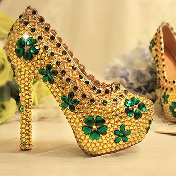 QueenLine Gold Women Wedding Shoes Crystal Bridal Pumps Party Super High Heel Green Rhinestone Round Toe Slip On Shoes Sexy Ladies Shoe