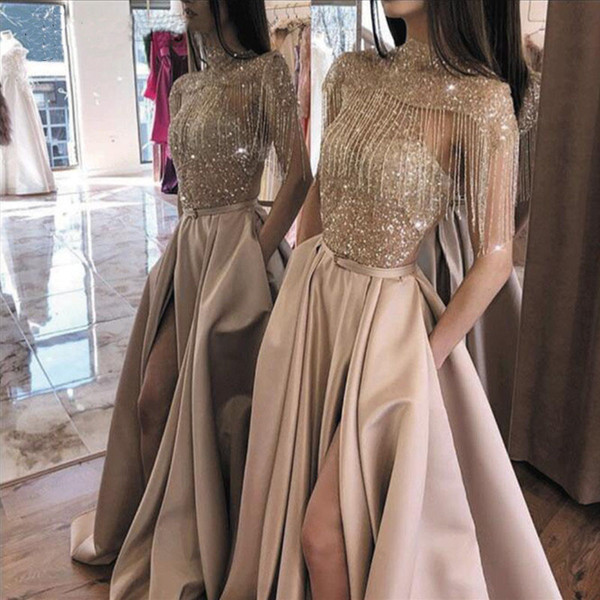 QueenLine Sparkle Gold Beading Tassel Arabic Evening Formal Dresses with Pockets Dubai Slit 3/4 Sleeves Women Prom Party Dresses Custom