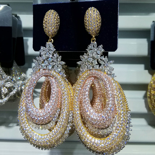 QueenLine 72mm Luxury Floral Flower Hollow Geometry Full Mirco Paved Microl Zircon Naija Wedding Earring Fashion Jewelry Wholesale