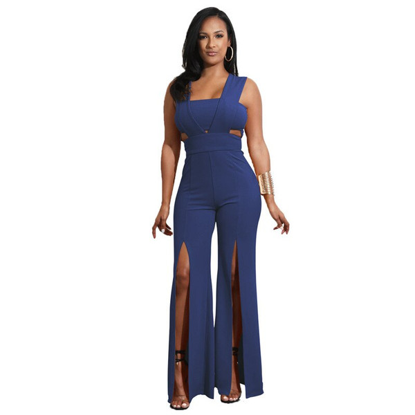QueenLine Women Jumpsuit Sexy Strapless Sleeveless Zipper Backless Long Wide Leg Pants High Split Loose Rompers Elegant Outerwear