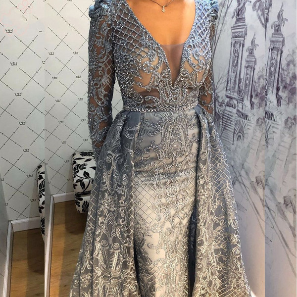 QueenLine Dubai Full Lace Long Sleeves Evening Dress Mermaid V-neck Crystal Handmade Blue Arabic Formal Party Gown