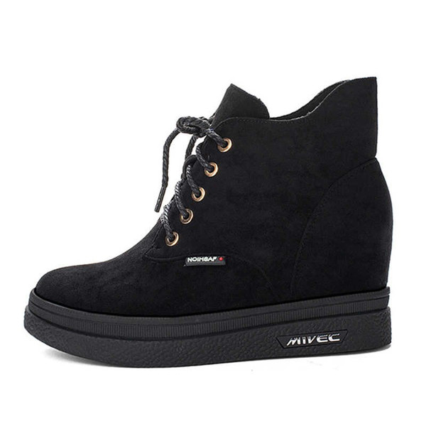 QueenLine Women Winter Round Toe Faux Suede High Hidden Ankle Boots Ladies Heel Cross-tied Lace Up Fashion Platform Short Boots