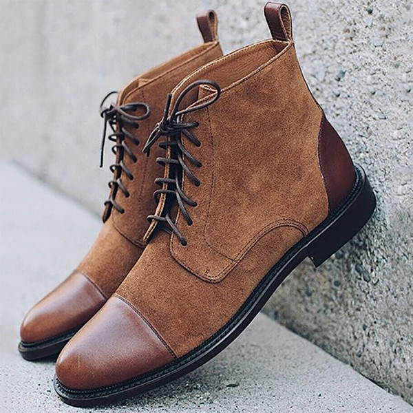 QueenLine Men Leather Formal Flat Shoes 2020 Lace Up Formal Ankle Boots Male Faux Suede Patchwork Boots Man Solid Derby Shoe