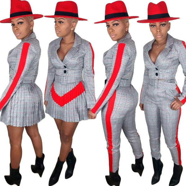 QueenLine Winter Women's set Full sleeve V-Neck Plaid Print Blazer Skirts Pants suit two piece set tracksuit outfits Club England 5109