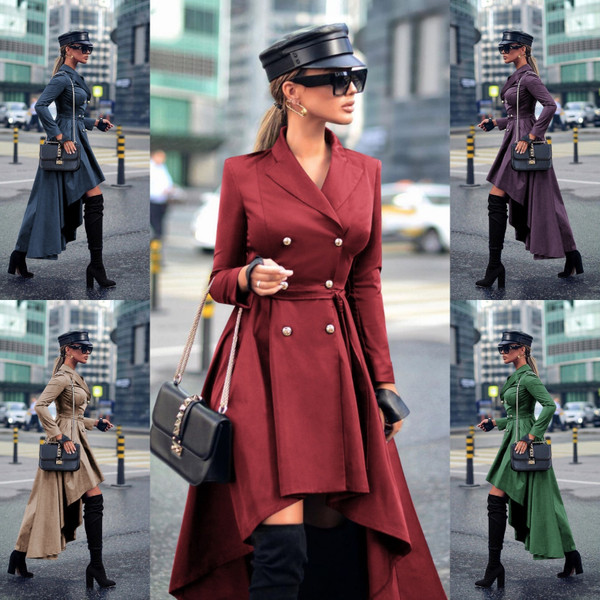 QueenLine High Low Women Plus Size Dresses Solid Burgundy Khaki Double Breasted Suit Jacket Designer Ladies Blazer Dress Work Wear Tops