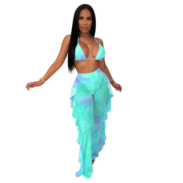 QueenLine Sexy Women's Two-Piece Sets Digital Print Swimsuit Mesh Beach Playsuit Female Wrap Top + Long Pants +Briefs Bikini Suit Bodysuit