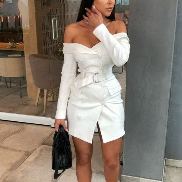QueenLine  Sexy white off shoulder belt blazer dress Women party long sleeve bodycon dress Fashion elegant club female short dress