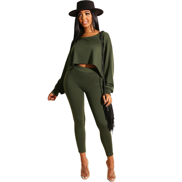 QueenLine Casual Solid 2 Piece Matching Set Women Clothes Long Sleeve Crop Top and Pants Leggings Jogger Tracksuit Two Piece Outfits Fall