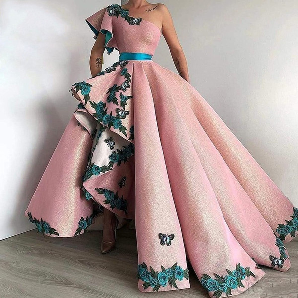 QueenLine Arabic Dubai Prom Dresses A Line 3D Flowers Formal Party Gowns One Shoulder Special Occasion Dresses