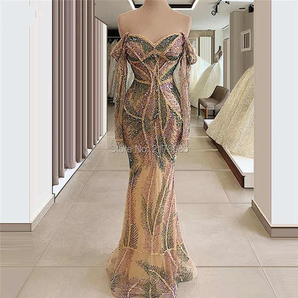 QueenLine  Off The Shoulder Saudi Arabic Evening Gown Vestido De Festa Dubai Glitter Formal Party Dress Celebrity Pageant Prom Gowns