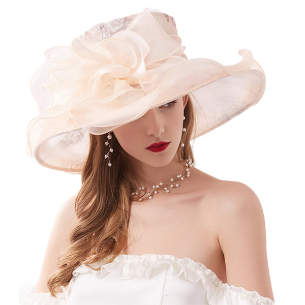 QueenLine Fascinator Chiffon Kentucky Derby Hats Flower Wedding Hats For Women Elegant Church Dresses Pink Beige Wide Brim Fedora