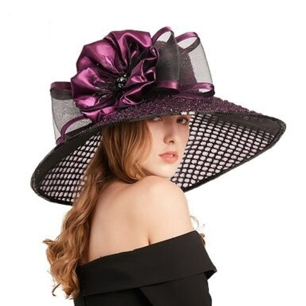 QueenLine Purple Wide Brim Big Church Elegant Aurumn  Fedoras Organza Party Cap Hats
