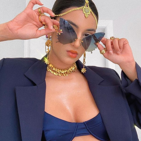 QueenLine Unique Rimless Overiszed Butterfly Cat Eye Sunglasses For Women New Fashion Brand Gradient Sun Glasses Big Frame Female Shades