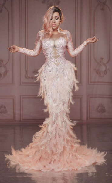 QueenLine Fashion Sparkly Rhinestones Pink Feather Nude Dress Sexy Full Stones Long Big Tail Dress Costume Prom Birthday Celebrate Dresses