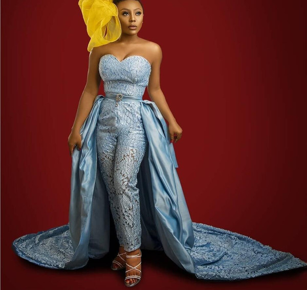 QueenLine Luxury Prom Jumpsuit With Detachable Train Sweetheart Satin African Evening Dress Pants Suit Plus Size Formal Robes De Soirée