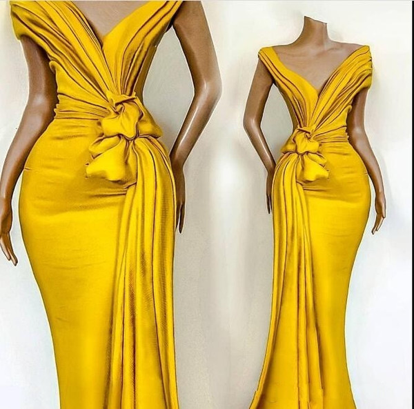 QueenLine Elegant Yellow Off Shoulder Satin Mermaid Evening Dresses Ruched Ruffles Sweep Train Formal Party Prom Dresses robes de soirée
