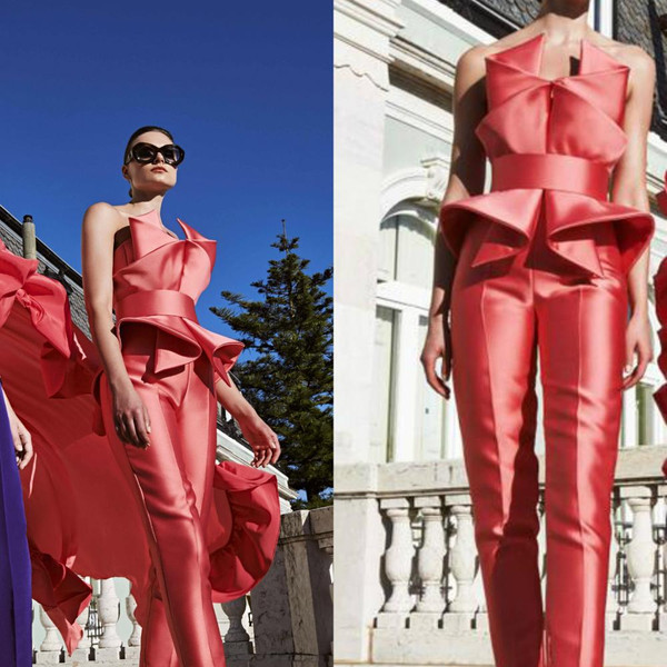 QueenLine Jumpsuits Prom Dresses Strapless Peplum Ruffles Formal Evening Gowns Satin Ankle Length Cocktail Dress