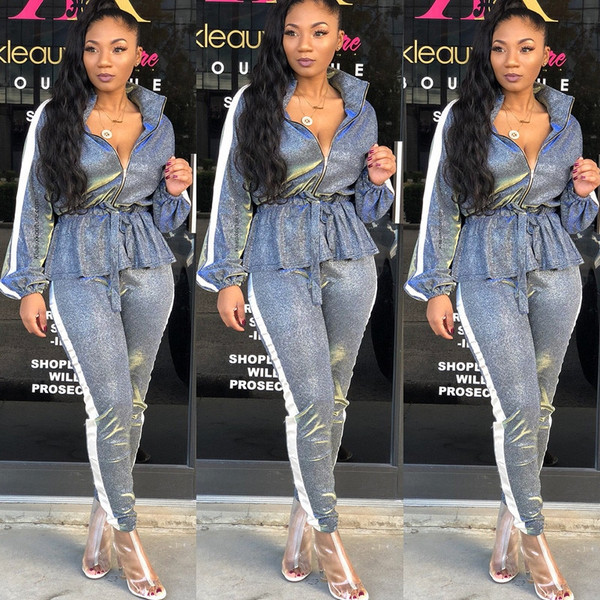 QueenLine Sliver Glitter Two Piece Sets Winter Long Sleeve Drawstring Ruffles Peplum Tops and Long Pants Suits Matching Set Outfits