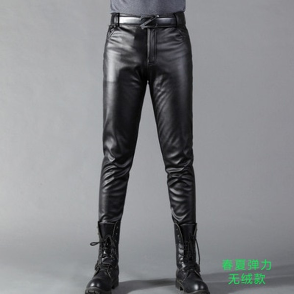 QueenLine Summer Mens Business Slim Fit Stretchy Black Faux Leather Pants Male Elastic Tight Trousers PU Leather Shiny Pencil Pants A71002